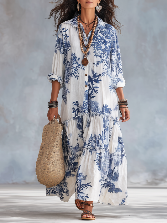 Celeste | Abito Lungo Boho a Fiori Blu