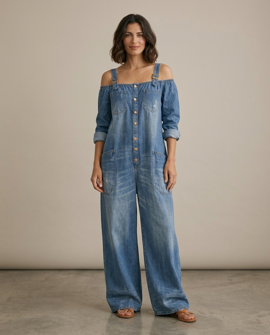 Rita | Tuta Blu con Spalle Scoperte a Gamba Ampia