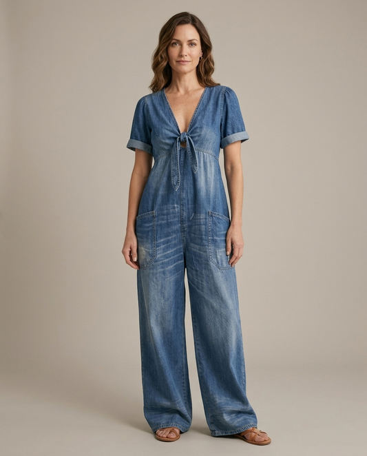 Loredana | Tuta Blu con Scollo a V a Gamba Ampia