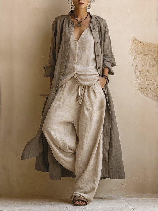 Simona | Completo Tre Pezzi Boho Effetto Lino